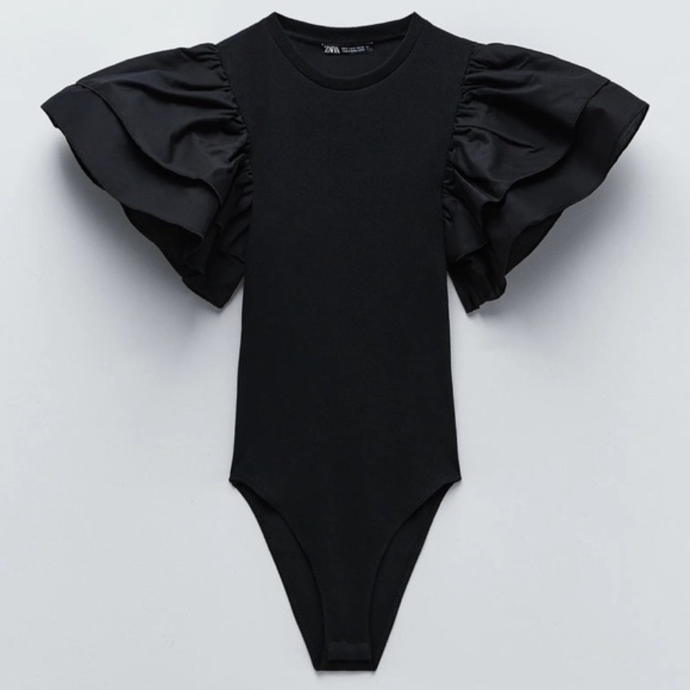 Zara Ruffle Sleeve Black Bodysuit